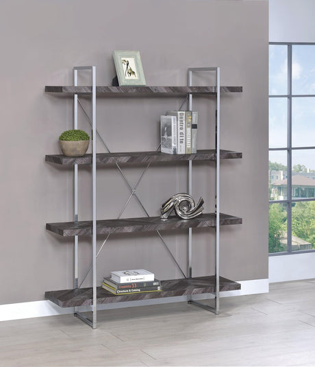 Grimma 4-Shelf Bookcase Rustic Grey Herringbone - Ella Furniture