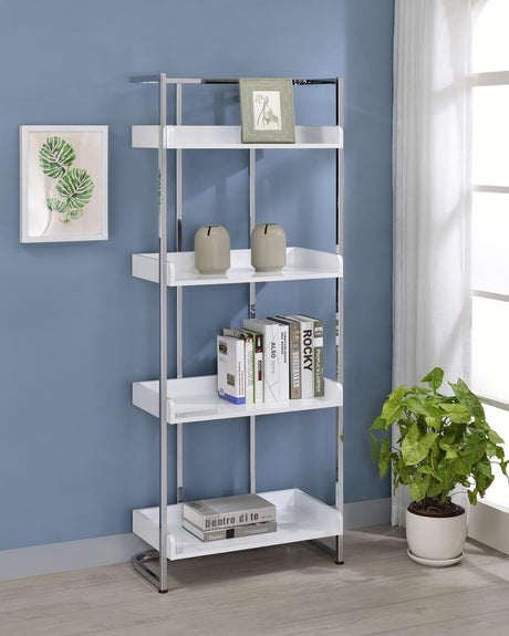 Ember 4-Shelf Bookcase White High Gloss And Chrome - Ella Furniture
