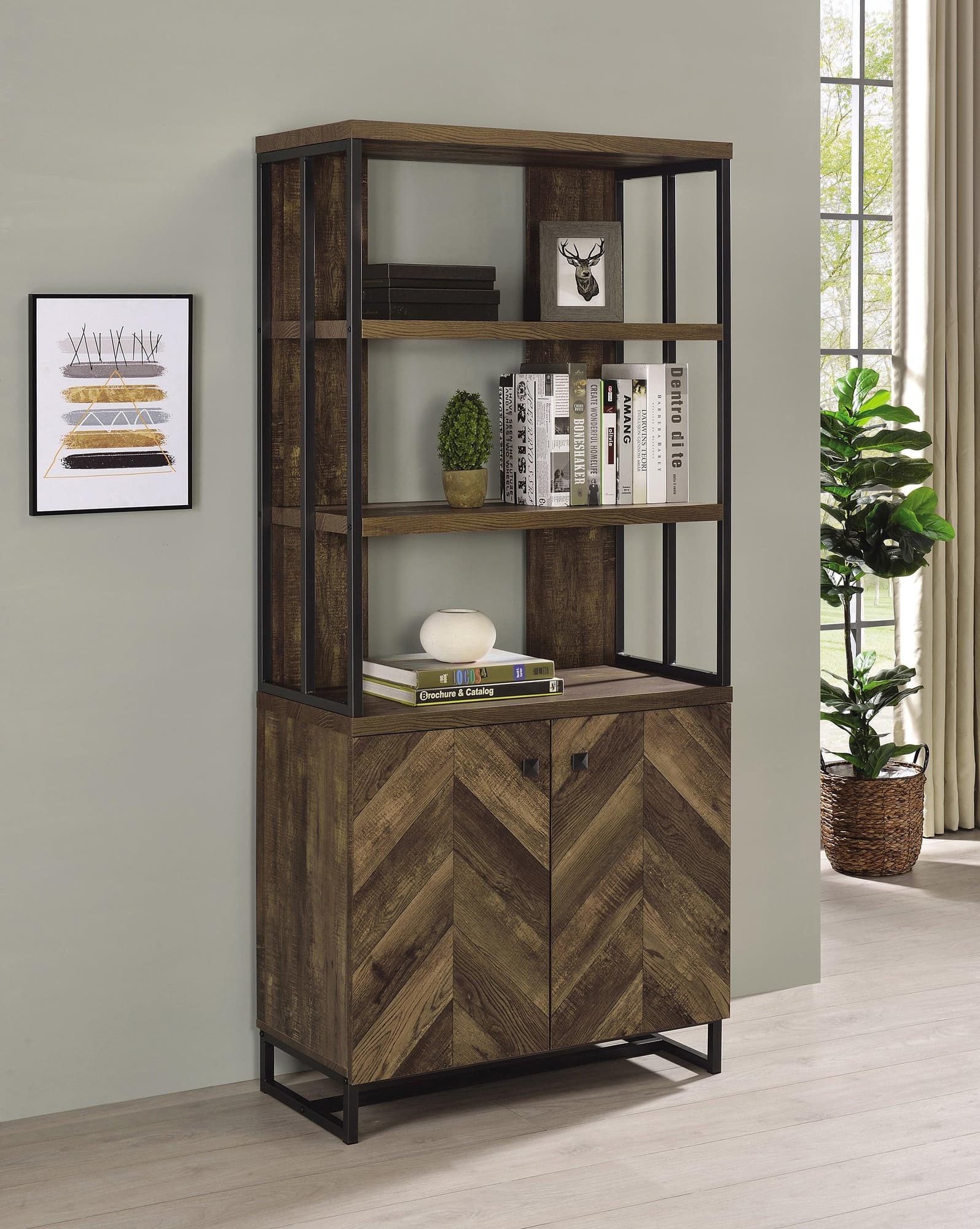 Millbrook 2-Door Bookcase Rustic Oak Herringbone And Gunmetal - Ella Furniture
