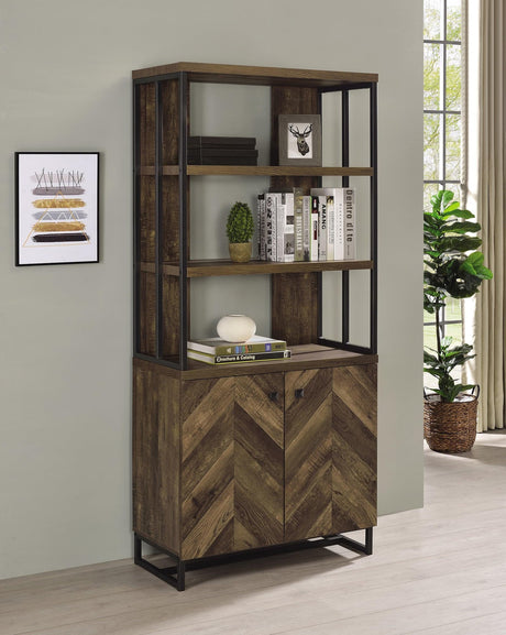 Millbrook 2-Door Bookcase Rustic Oak Herringbone And Gunmetal - Ella Furniture