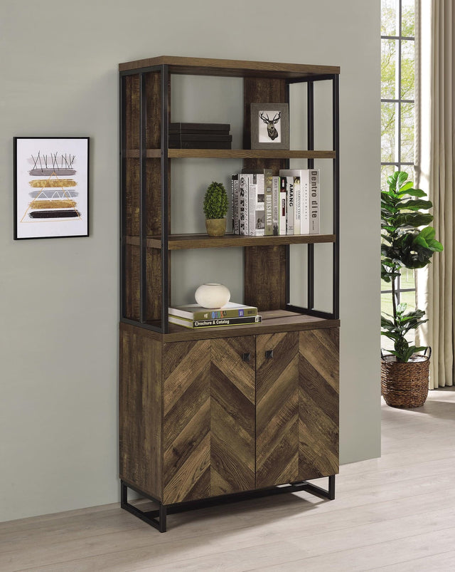 Millbrook 2-Door Bookcase Rustic Oak Herringbone And Gunmetal - Ella Furniture