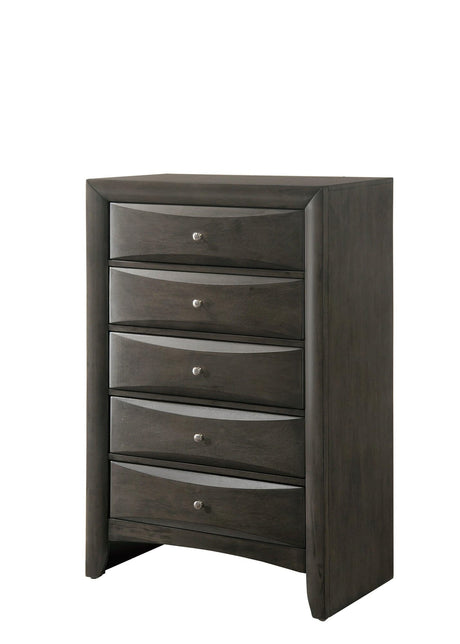 Emily Chest Grey, Modern Rubberwood And Okume Veneer, Nickel Knob 5 Drawers - Ella Furniture