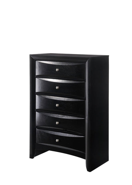 Black Emily Chest, Contemporary Modern Wood, Silver Nickel Knob 5 Drawers - Ella Furniture
