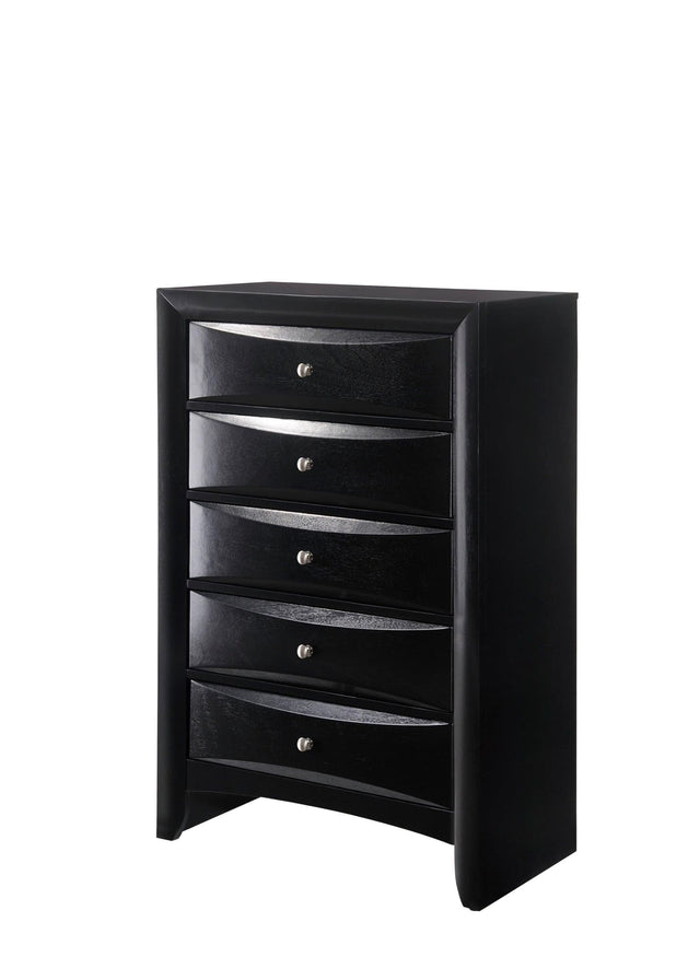 Black Emily Chest, Contemporary Modern Wood, Silver Nickel Knob 5 Drawers - Ella Furniture