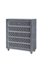 Cameo Chest Gray, Modern And Classic Faux Leather Wood And Veneers, Nickel Knob 5 Drawers - Ella Furniture