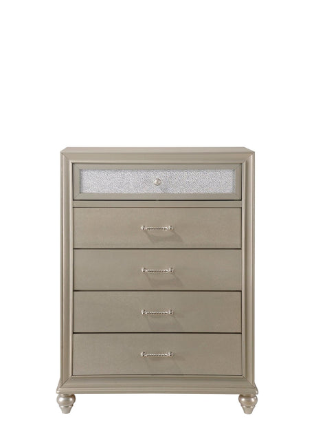 Lila Chest Champagne, Modern Faux Finish, Nickel And Metal 5 Drawers - Ella Furniture