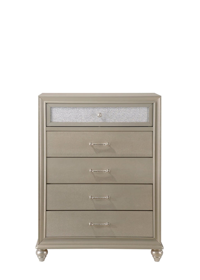 Lila Chest Champagne, Modern Faux Finish, Nickel And Metal 5 Drawers - Ella Furniture