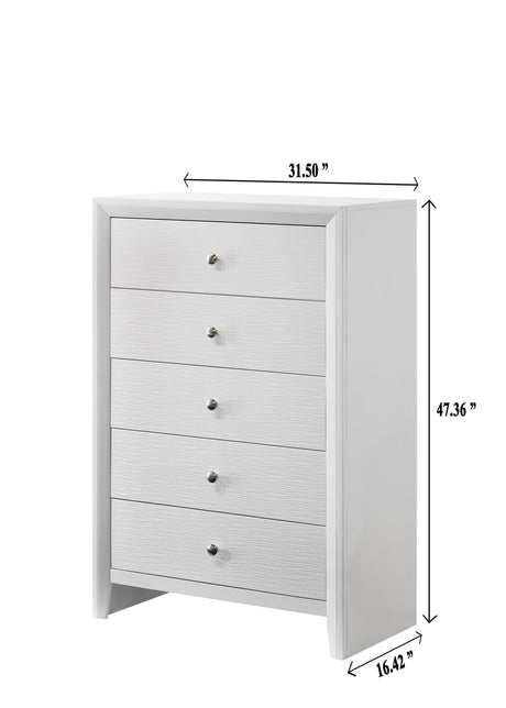 Evan Chest White, Modern Rope Wood, Nickel Knob 5 Drawers - Ella Furniture