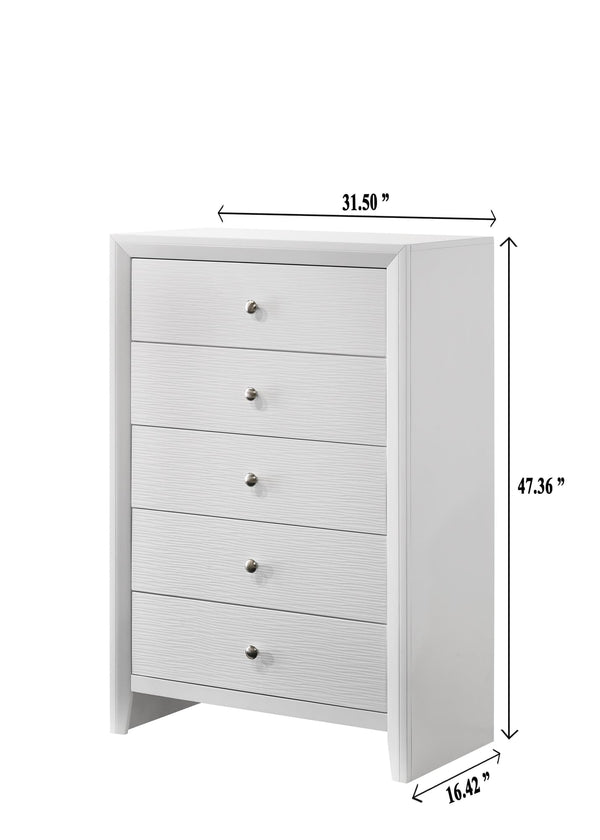 Evan Chest White, Modern Rope Wood, Nickel Knob 5 Drawers - Ella Furniture
