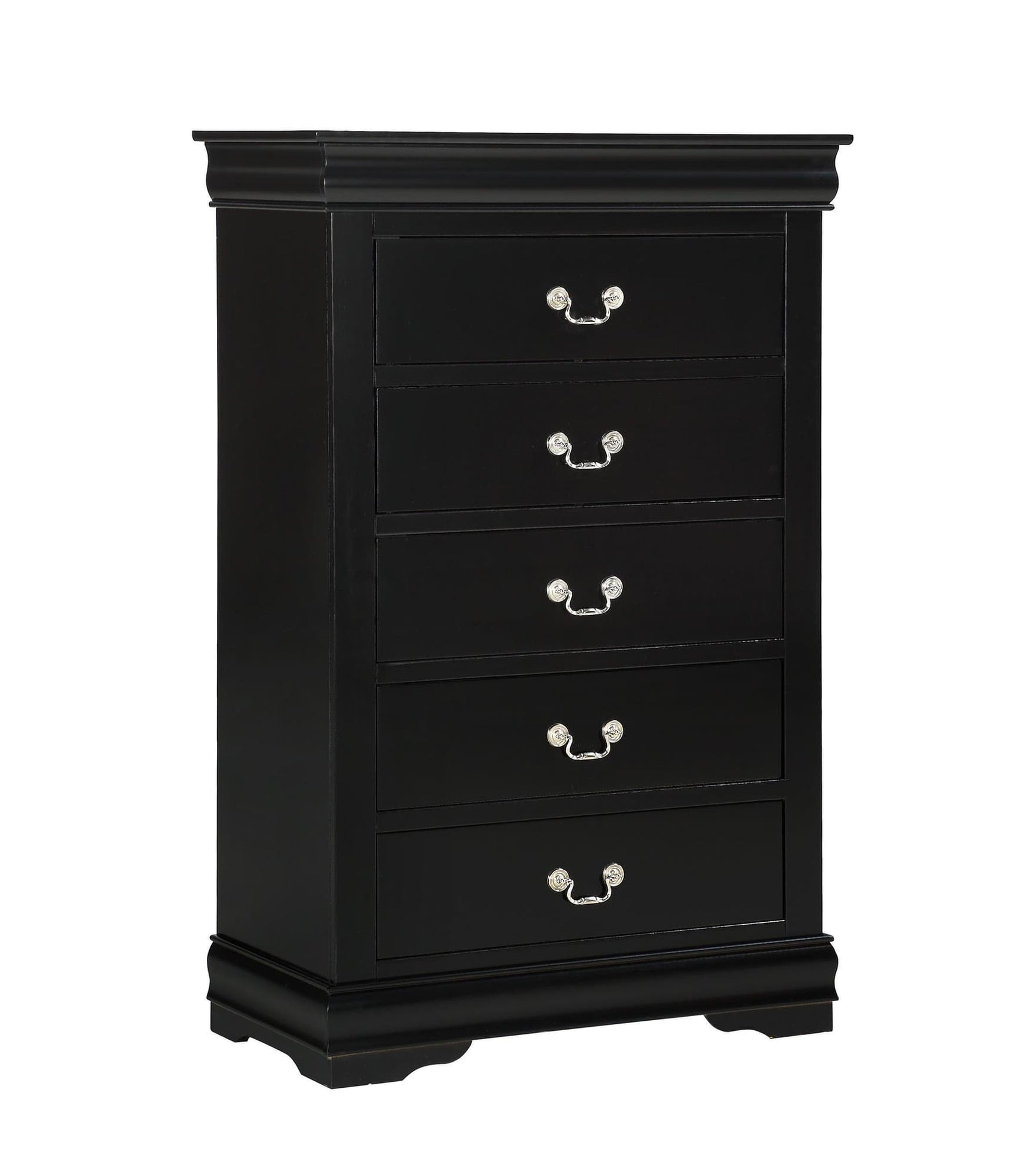 Louis Philip Chest Black, Sleek And Modern Wood And Veneers, Pewter Bail 5 Drawers - Ella Furniture