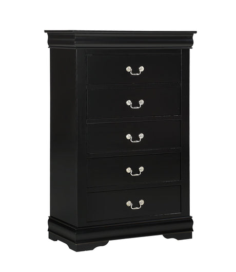 Louis Philip Chest Black, Sleek And Modern Wood And Veneers, Pewter Bail 5 Drawers - Ella Furniture