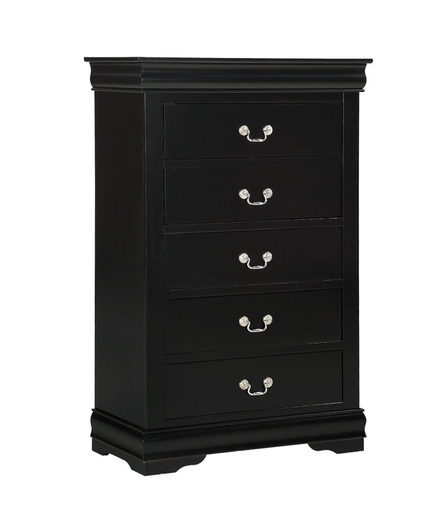 Louis Philip Chest Black, Sleek And Modern Wood And Veneers, Pewter Bail 5 Drawers - Ella Furniture