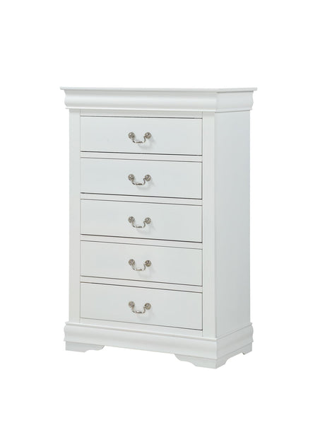 Louis Philip Chest White, Sleek And Modern Wood And Veneers, Pewter Bail 5 Drawers - Ella Furniture
