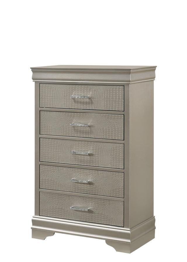 Amalia Chest Silver, Modern Veneers And Wood, Crystal 5 Drawers - Ella Furniture