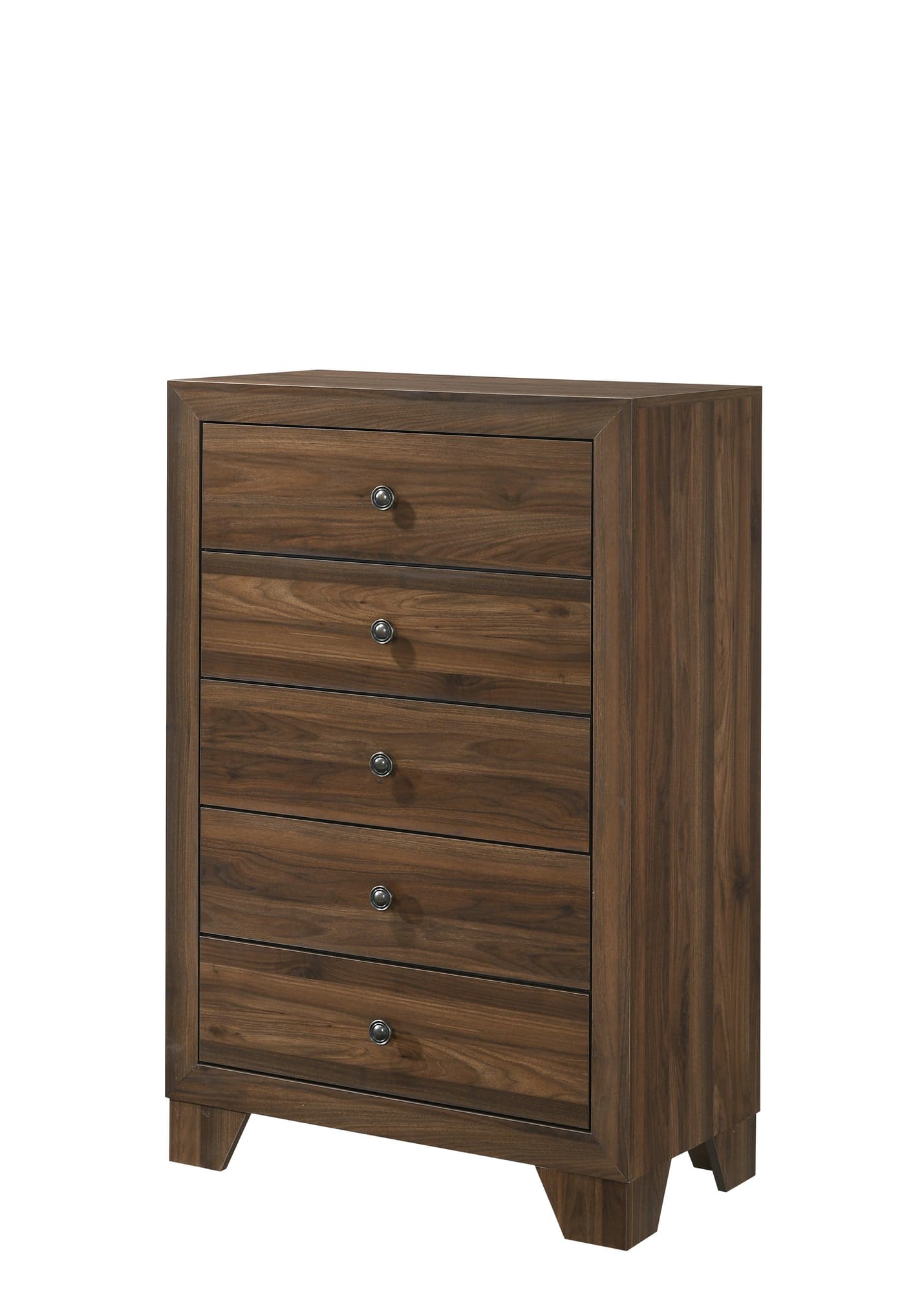 Millie Chest Brown Cherry, Modern Sleek And Contemporary Wood, Nickel Knob 5 Drawers - Ella Furniture