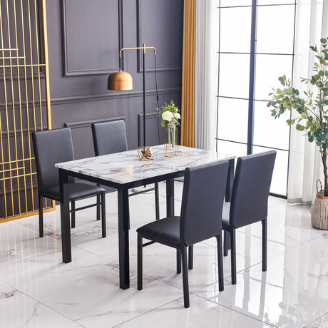 Aiden White/Black Marble Modern Wood And Veneers Rectangular 5-Piece Dining Room Set - Ella Furniture