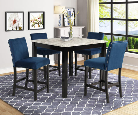 Lennon Blue/White Velvet Modern Wood And Veneers 5-Piece Counter Height Dining Room Set - Ella Furniture