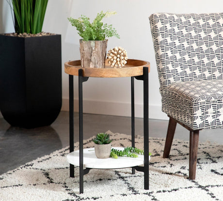 Adhvik Round Accent Table With Marble Shelf Natural And Black - Ella Furniture