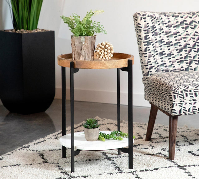Adhvik Round Accent Table With Marble Shelf Natural And Black - Ella Furniture