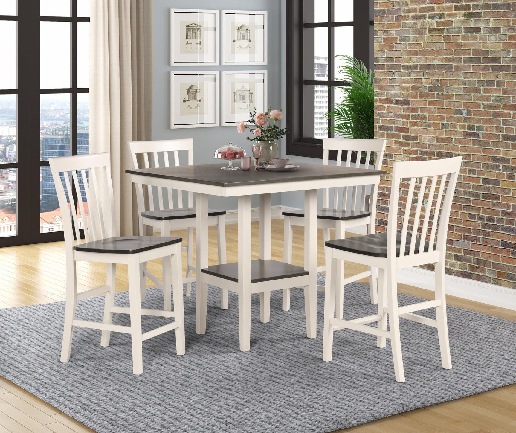 Broody White/Gray Traditional Modern Wood Square 5-Piece Counter Height Dining Room Set - Ella Furniture