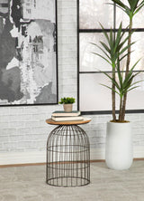 Bernardo Round Accent Table With Bird Cage Base Natural And Gunmetal - Ella Furniture