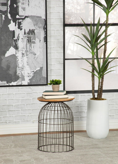 Bernardo Round Accent Table With Bird Cage Base Natural And Gunmetal - Ella Furniture