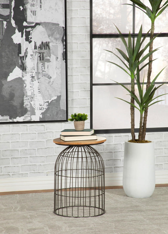 Bernardo Round Accent Table With Bird Cage Base Natural And Gunmetal - Ella Furniture