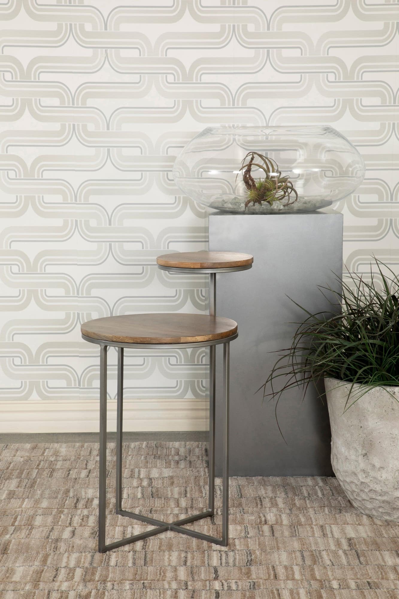 Yael Round Accent Table Natural And Gunmetal - Ella Furniture