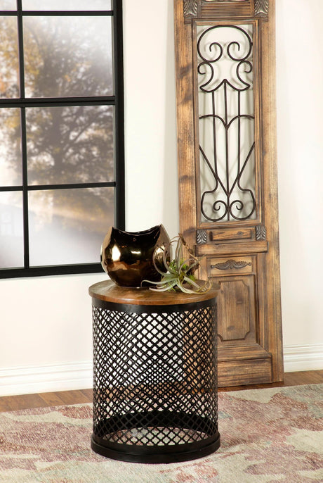Aurora Round Accent Table With Drum Base Natural And Black - Ella Furniture