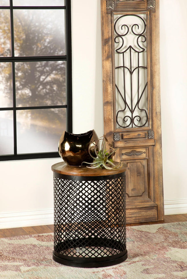 Aurora Round Accent Table With Drum Base Natural And Black - Ella Furniture