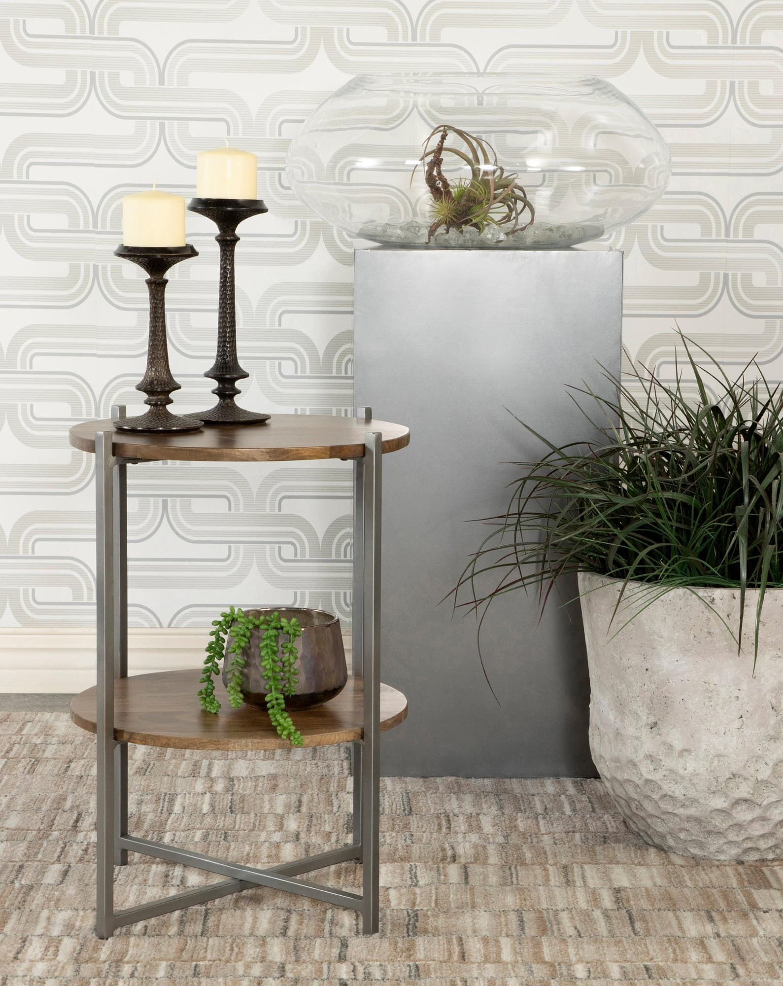 Axel Round Accent Table With Open Shelf Natural And Gunmetal - Ella Furniture