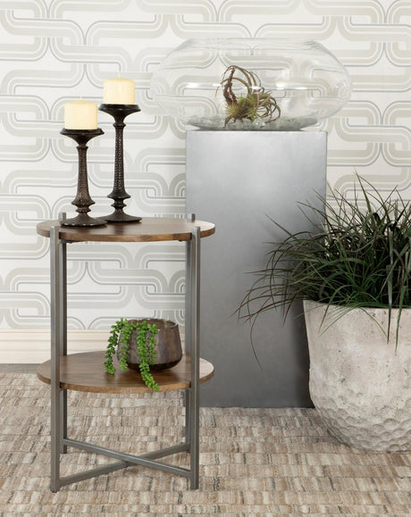 Axel Round Accent Table With Open Shelf Natural And Gunmetal - Ella Furniture