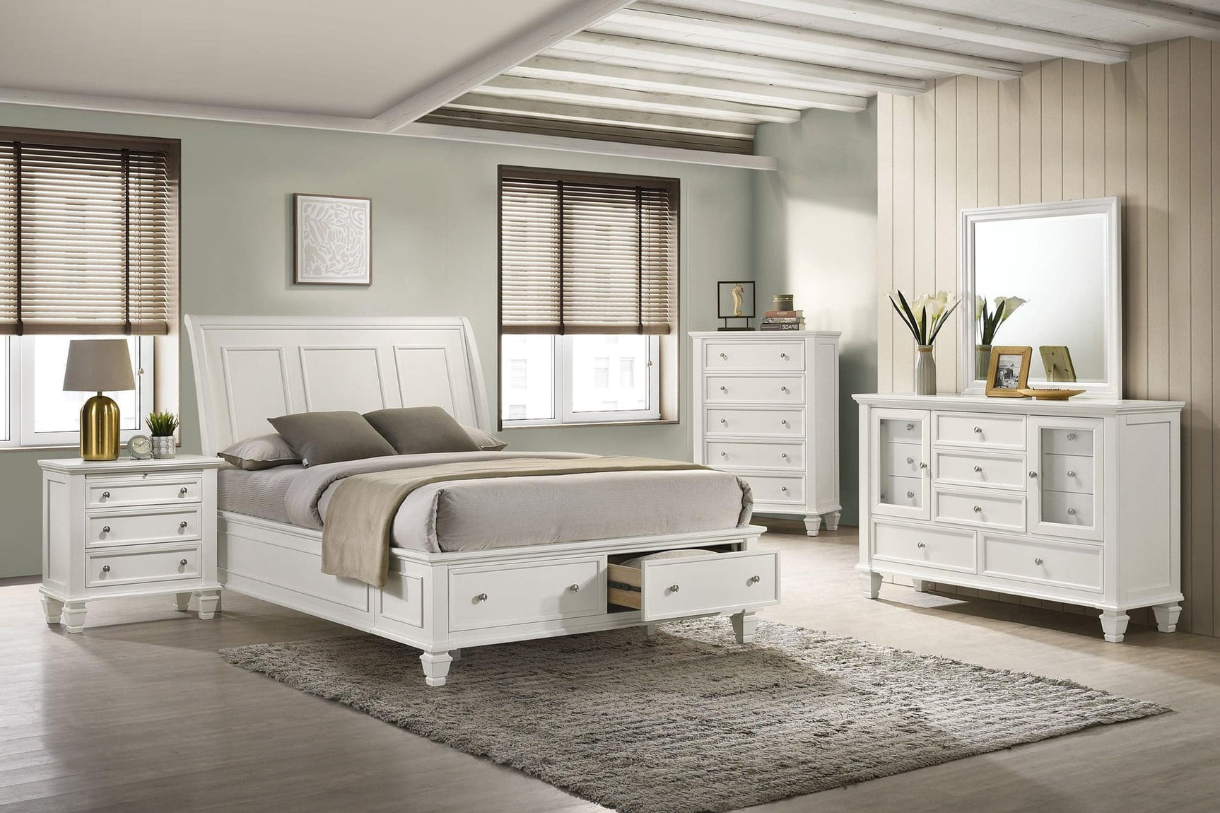 Sandy Beach White Storage Sleigh Bedroom Set - Ella Furniture