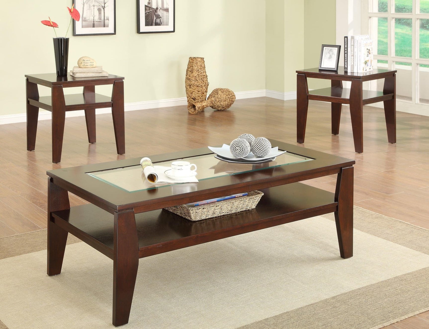 Scott Brown Finish on Woodwork 3-Piece Glass Occasional Coffee Table Set, Angled Legs, Wood And Glass, Standard Top - Ella Furniture