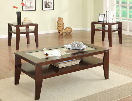 Scott Brown Finish on Woodwork 3-Piece Glass Occasional Coffee Table Set, Angled Legs, Wood And Glass, Standard Top - Ella Furniture