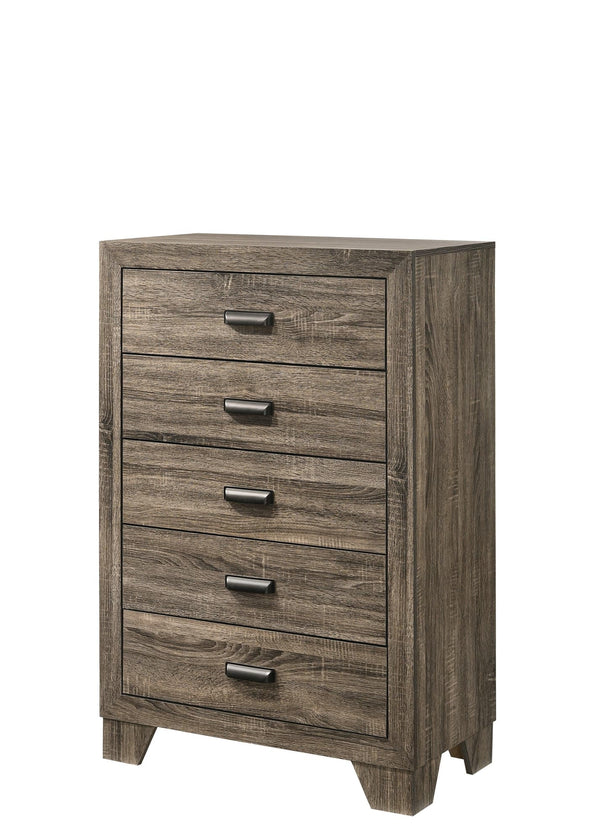 Millie Chest Brown, Modern Sleek And Contemporary Wood, Nickel Knob 5 Drawers - Ella Furniture