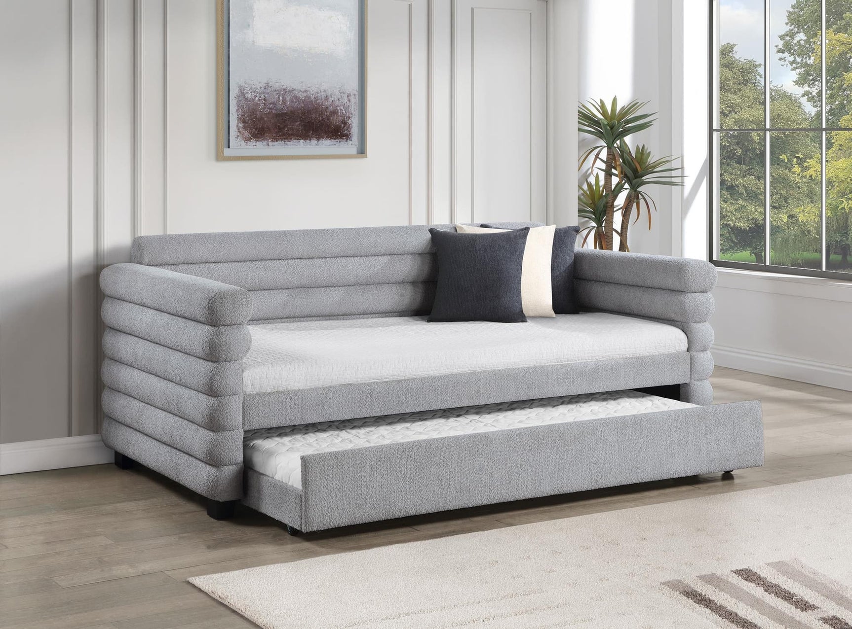 Patricia Boucle Upholstered Twin Day Bed with Trundle Grey 300718 - Ella Furniture