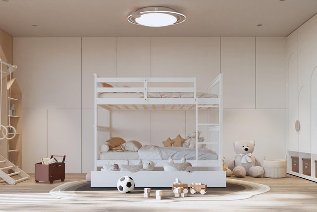 White Modern Solid Wood And Veneers Trundle Twin Over Twin Bunk Beds - Ella Furniture