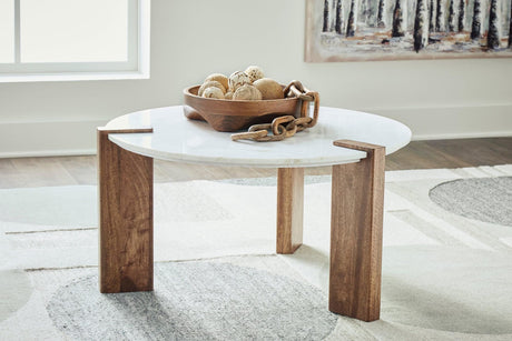 White & Brown Modern Marble Top Solid Wood and Veneers Coffee Table - Ella Furniture