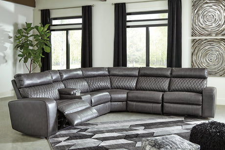Samperstone Gray Faux Leather 6-Piece Power Reclining Sectional - Ella Furniture
