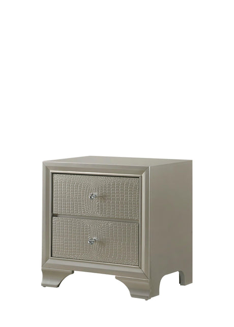Lyssa Night Stand Champagne, Modern Faux Finish, Metal Drawers Glides - Ella Furniture