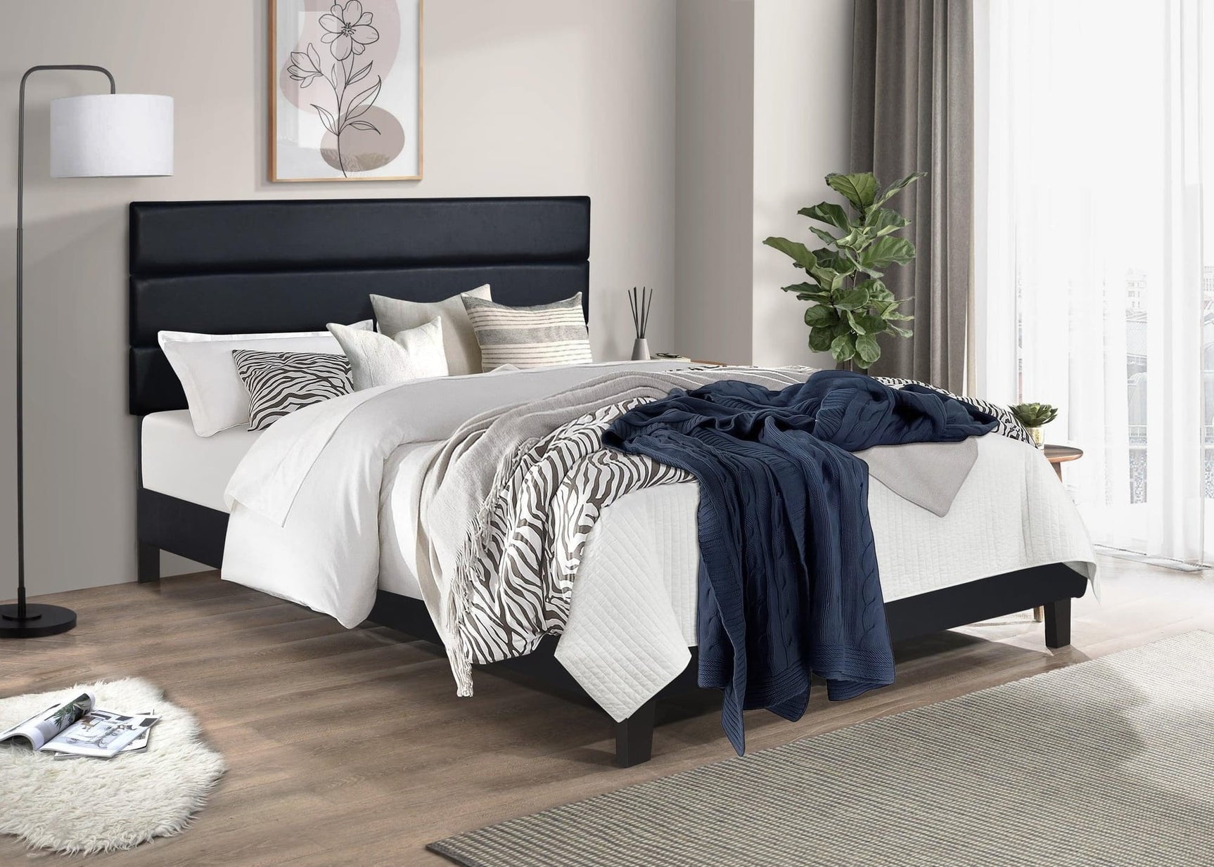 Welly Black PU Upholstered Platform Queen Bed