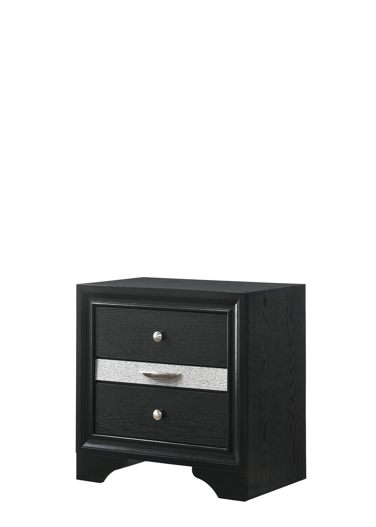 Regata Night Stand Black/Silver, Sleek And Modern Wood, Metal Knobs 2 Drawers - Ella Furniture