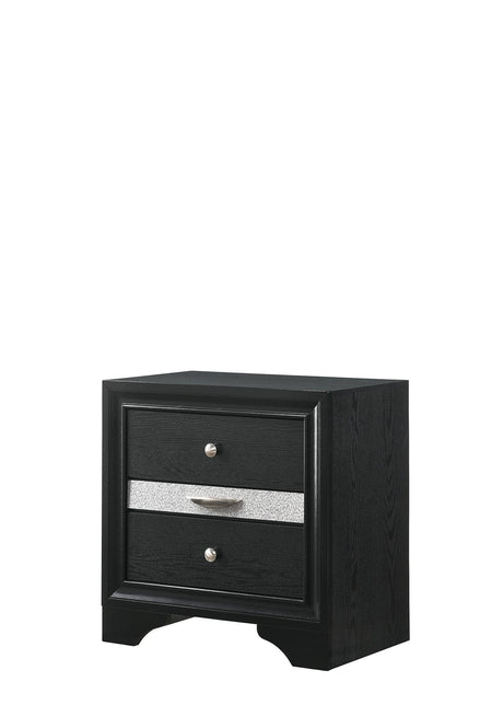 Regata Night Stand Black/Silver, Sleek And Modern Wood, Metal Knobs 2 Drawers - Ella Furniture