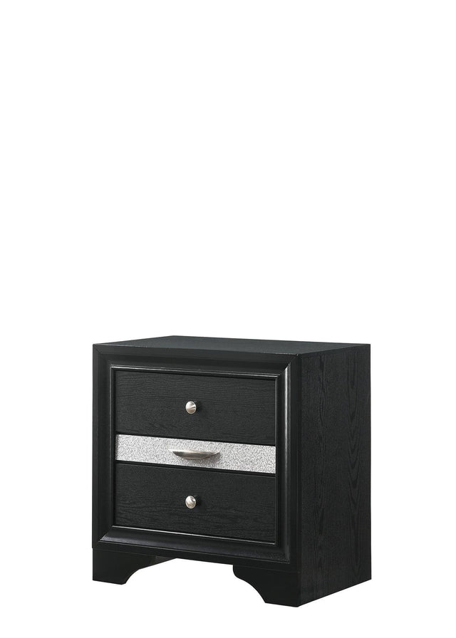 Regata Night Stand Black/Silver, Sleek And Modern Wood, Metal Knobs 2 Drawers - Ella Furniture