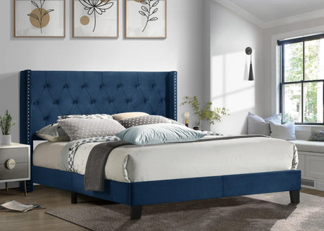 Erni Blue Velvet Upholstered Tufted Platform King Bed