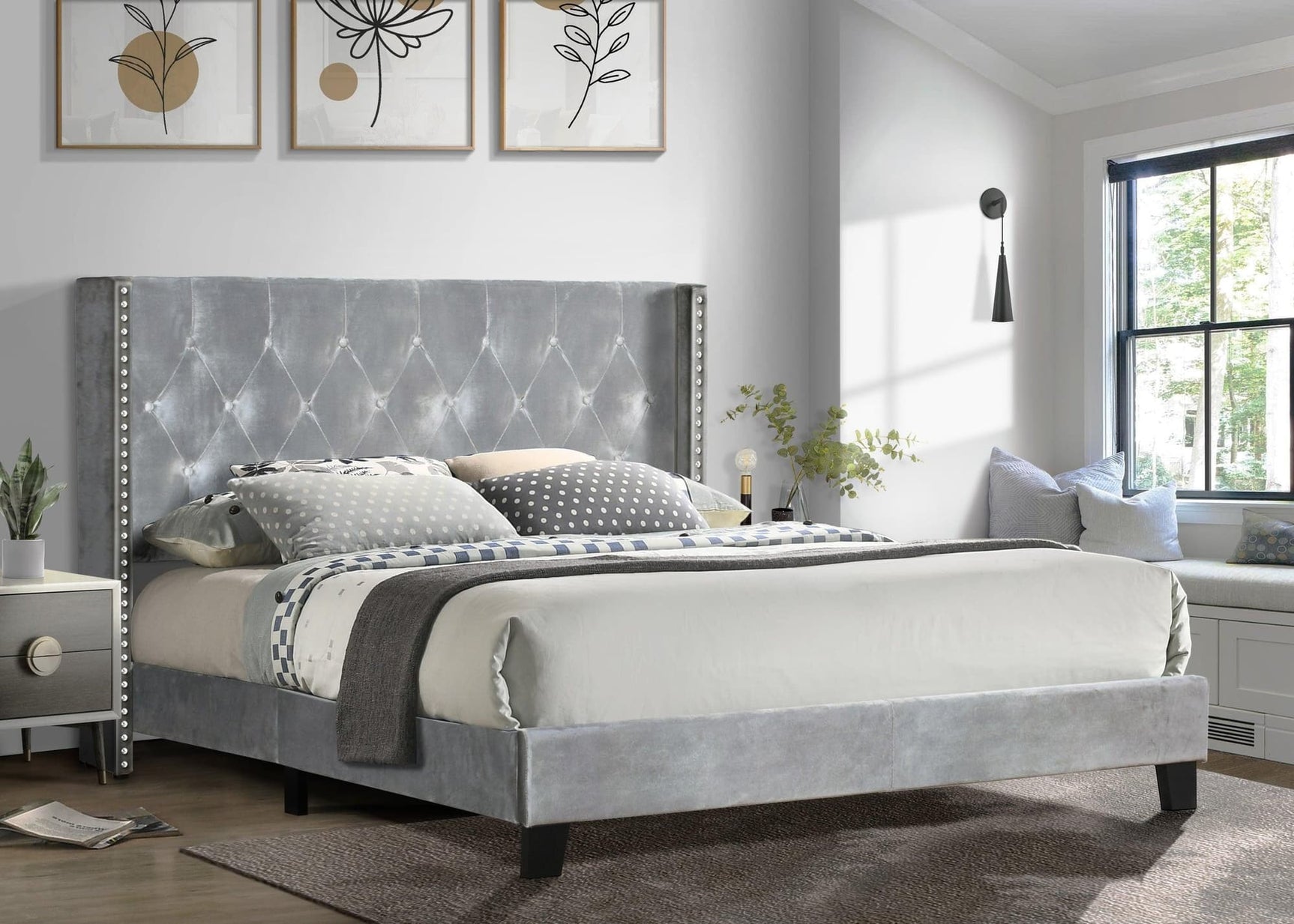 Silver Velvet Upholstered Tufted Platform Full Bed