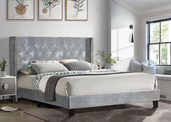 Silver Velvet Upholstered Tufted Platform Queen Bed