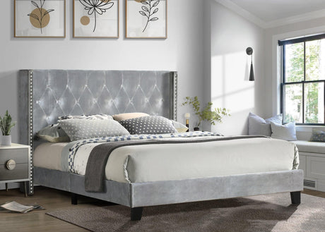 Silver Velvet Upholstered Tufted Platform King Bed