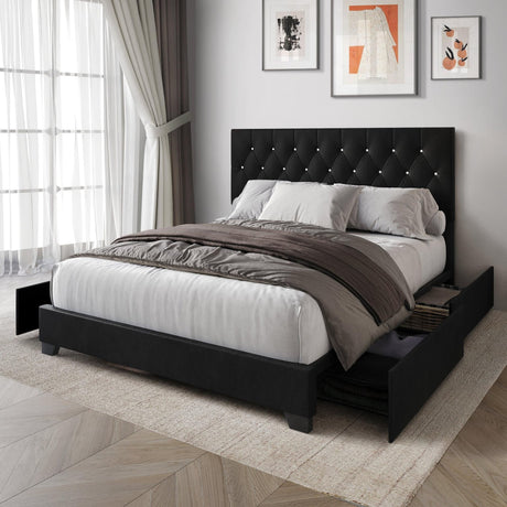 Saddy Black Velvet Upholstered Tufted Platform Full Bed